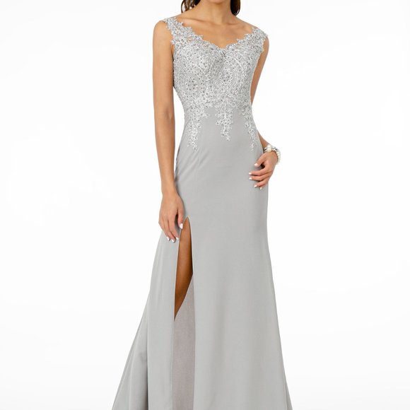 SILVER NEW MOTHER OF BRIDE WEDDING V-Neck Lace Bodice Sheath Prom Dress GSGL1839